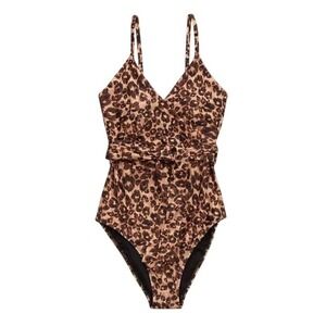 Aerie Real Good Leopard Print Wrap Cutout One Piece Swimsuit Brown Black L Long